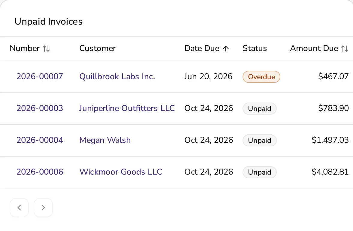 Apollo's unpaid invoices for the demo company, with 2026-00007 marked overdue